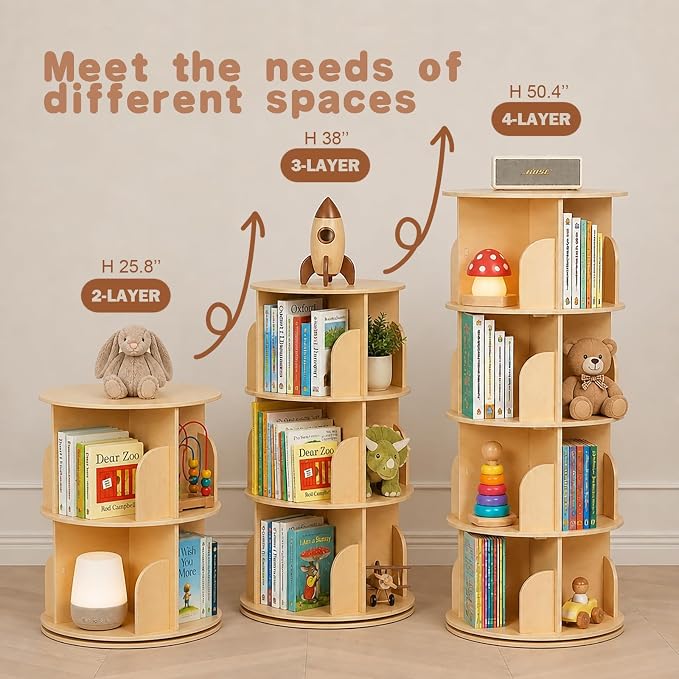 Kids Rotating Bookshelf, 360° Display 3 Tier Bookcase Storage | Small Corner - Image 7