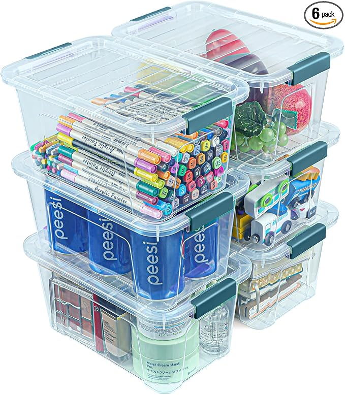 Storage Bins with Lids 6 Pack Clear Storage Containers, 7 Quart Stackable by EasyCozyHomey