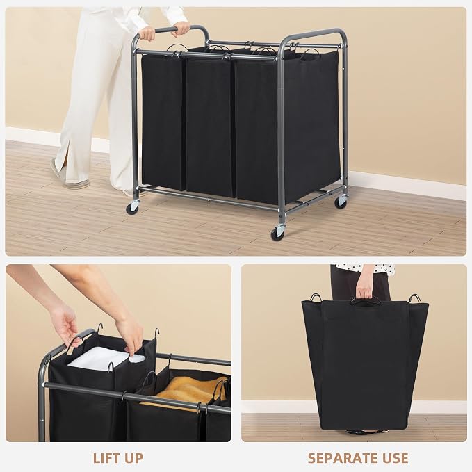 STORAGE MANIAC 3 Section Laundry Sorter, 35.9 Gal Laundry Hamper Cart - Image 4