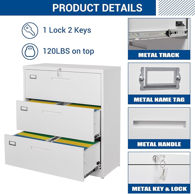 Lateral File Cabinet with Lock, 3 Drawer Large Metal Filing Cabinet, Home - Image 6