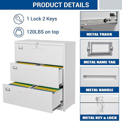 Lateral File Cabinet with Lock, 3 Drawer Large Metal Filing Cabinet, Home - Image 6
