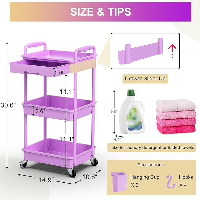 Goovilla 3 Tier Rolling Utility Cart Organizer - Image 4