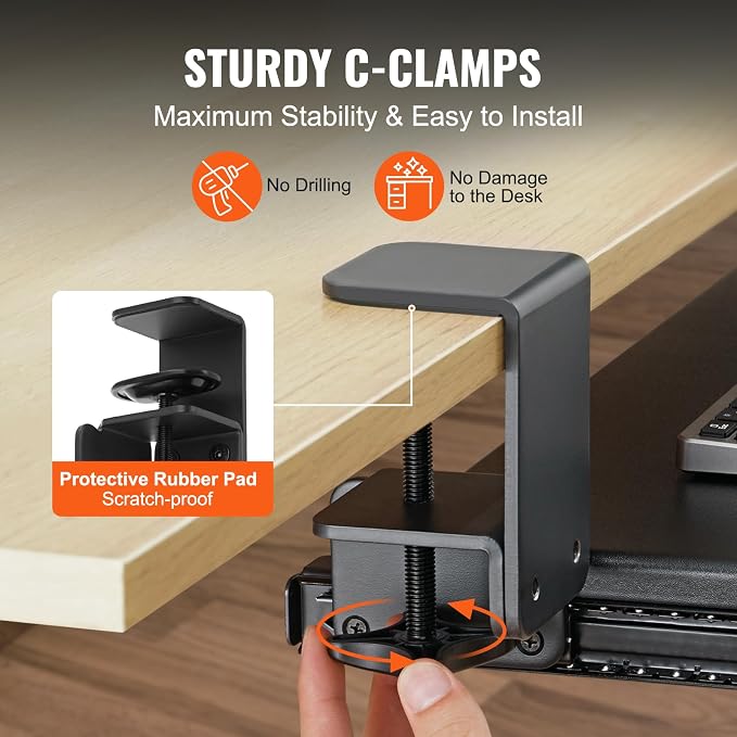 VEVOR Clamp on Keyboard Tray Under Desk, Desk Keyboard Tray Slide Out - Image 3