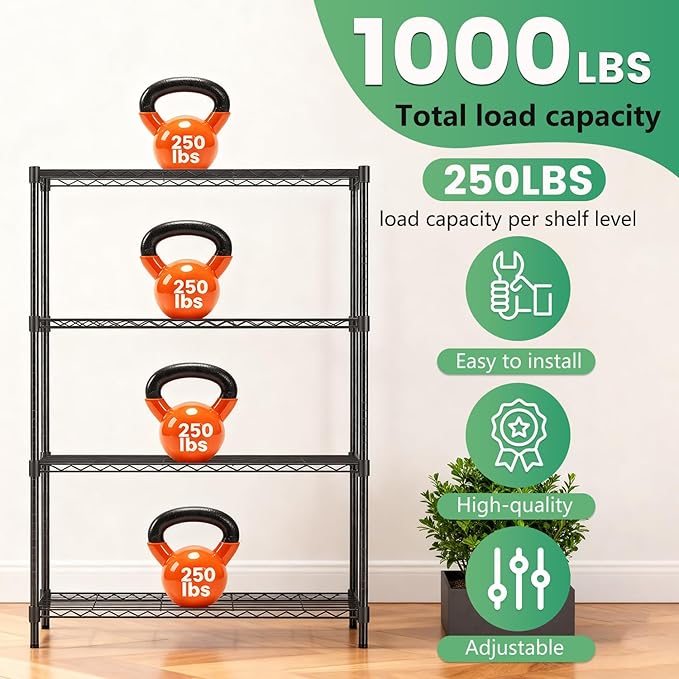 FDW | 4-Tier Wire Shelf | 36" x 14" x 54" | Black | Storage Shelves - Image 6