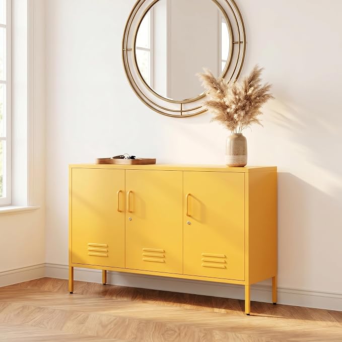 Lockable Yellow Industrial Metal TV Cabinet, Media Storage Console TV Stand - Image 3