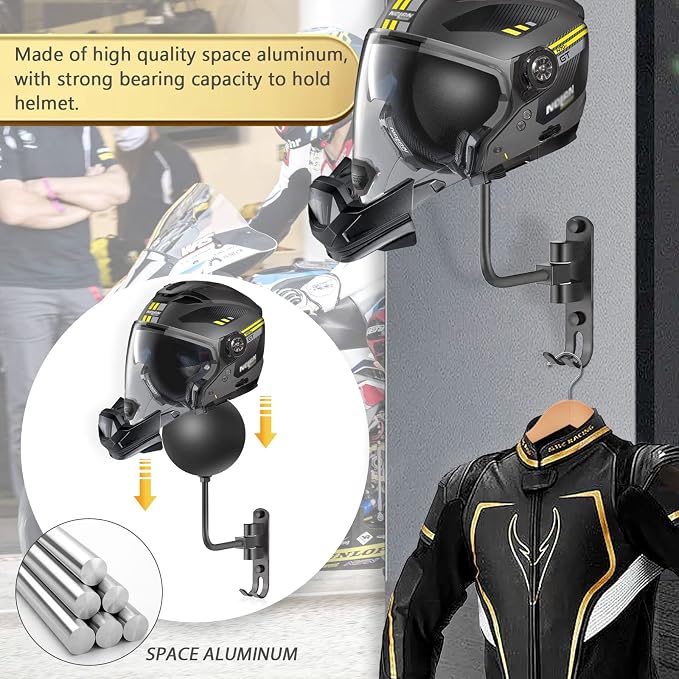 Motorcycle Helmet Holder Wall Mount 180 Degree Rotation Metal Bike Helmet Rack - Image 5