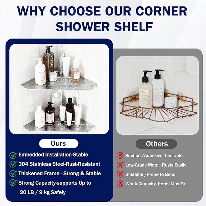 10" Corner Shower Shelf 2 Pcs Brushed 304 Stainless Steel Diamond Heavy Duty - Image 3