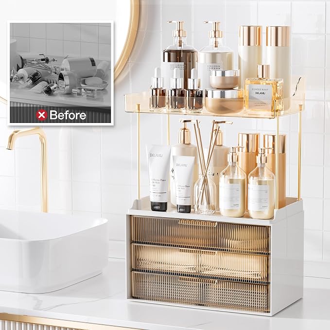 Delamu Bathroom Organizers and Storage, 2 Tier 3 Drawer Makeup Organizer - Image 5