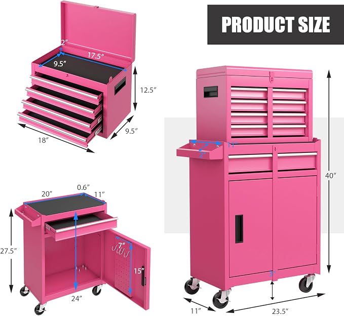 Goplus Pink Tool Chest, 5 Drawers Rolling Tool Cabinet w/Detachable Top Toolbox - Image 3