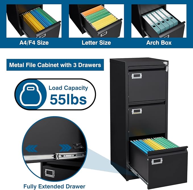 3-Drawer File Cabinet, 16.3" Deep Vertical Filing Cabinet - Image 4