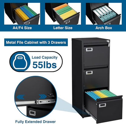 3-Drawer File Cabinet, 16.3" Deep Vertical Filing Cabinet - Image 4