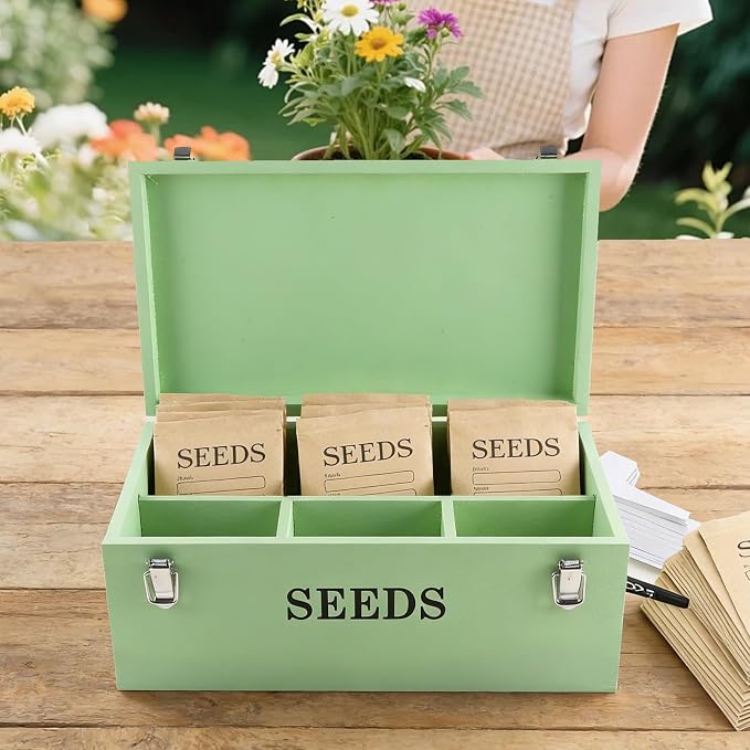 Seed Storage Organizer with 2 Dividers, Wooden Seed Saving Box with Lid - Image 4