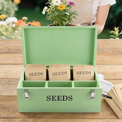Seed Storage Organizer with 2 Dividers, Wooden Seed Saving Box with Lid - Image 4