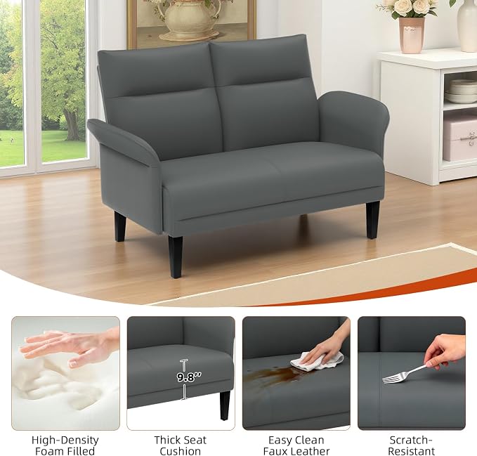 Faux Leather Loveseat with Wide Armrests, Symmetrical Shawl Arm 2-Seater Sofa - Image 4
