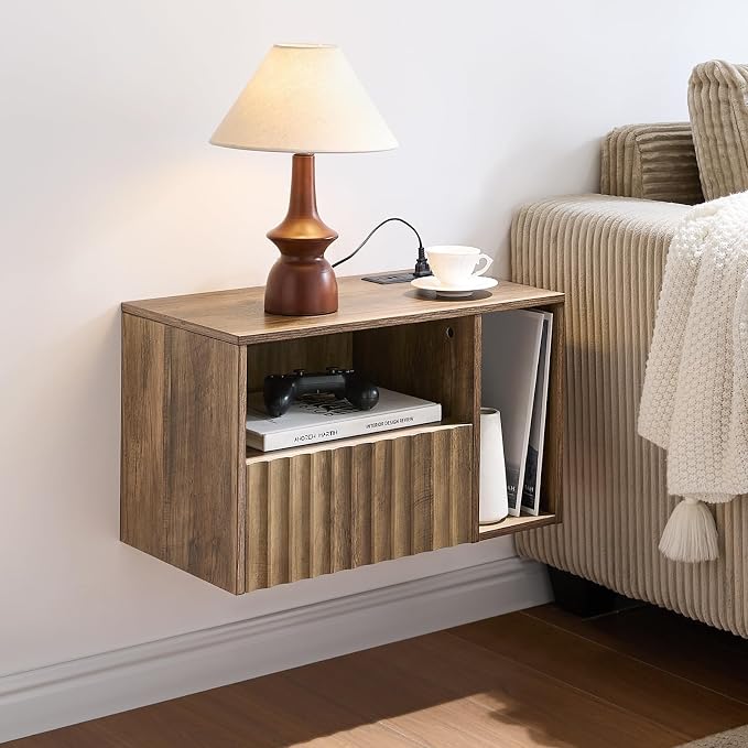 Modern Rustic Brown Fluted Floating Nightstand - Image 6