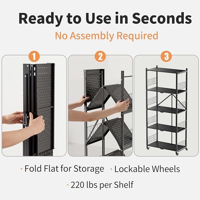 Heavy Duty Folding Shelves No Assembly, 5 Tier Metal Foldable Storage Shelves - Image 7