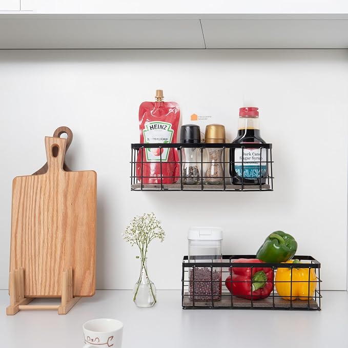 ROSE BLOOM Small Metal Wire Storage Basket, Decorative Wood Base Organizer Bins - Image 6