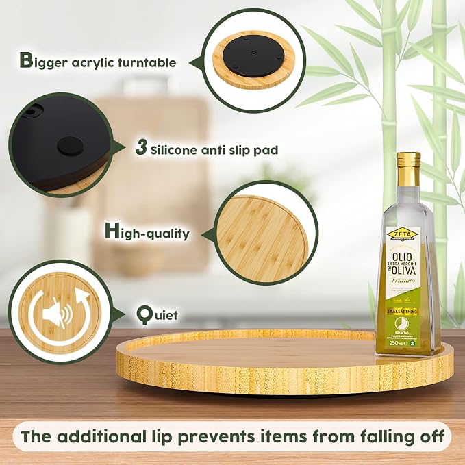 Lazy Susan for Table, 12 Inch Non-Skid Bamboo Turntable Organizer for Salt - Image 6