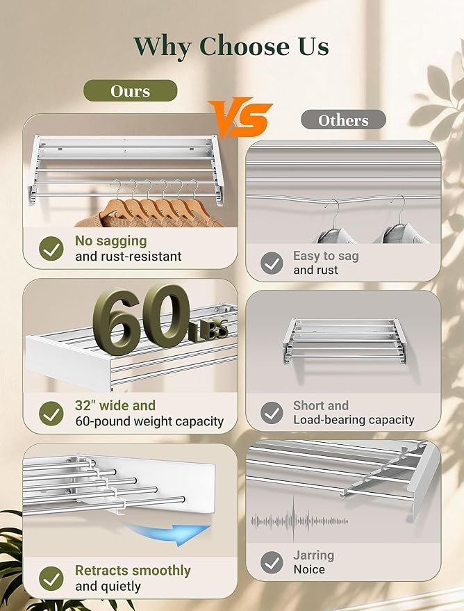 32'' Wall Mounted Clothes Drying Rack, Foldable & Collapsible Wall Mount - Image 5