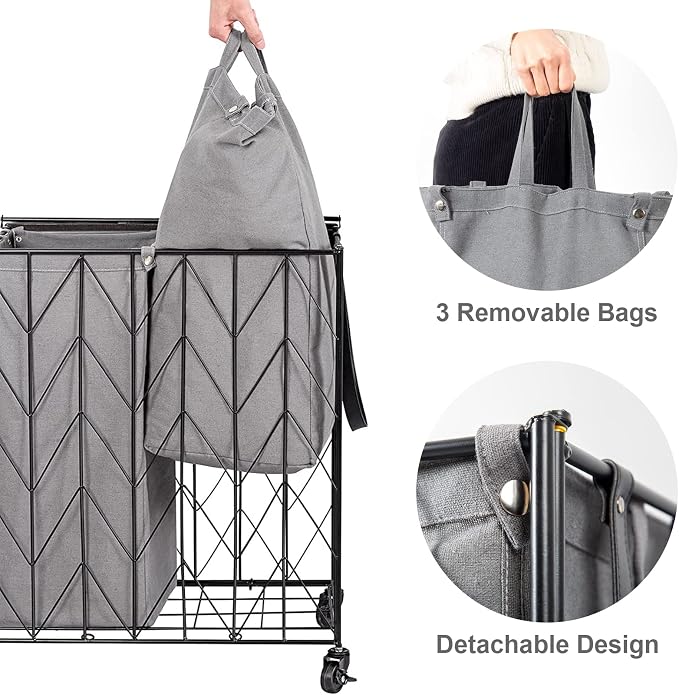 WOWLIVE Laundry Basket with Wheels, 142L Hamper 3 Section with Lid, Dirty - Image 5