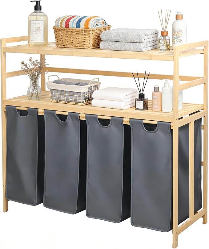 Bamboo Laundry Hamper with Shelf 200L, Laundry Basket 2-Tier with 4 Pull-Out by Bathola