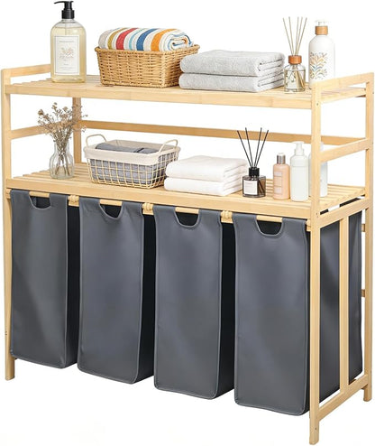 Bamboo Laundry Hamper with Shelf 200L, Laundry Basket 2-Tier with 4 Pull-Out by Bathola