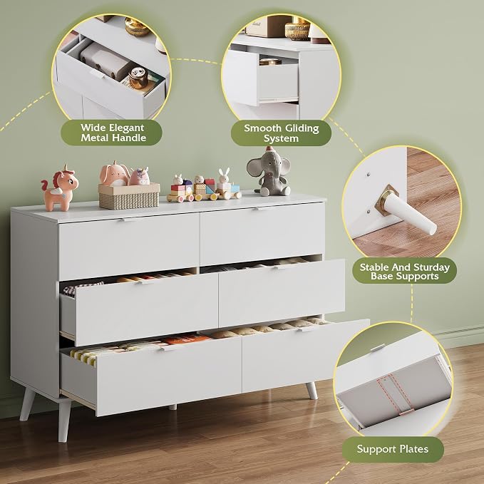 WLIVE 6 Drawer Dresser for Bedroom, 47.24'' Wide Wooden White Dresser, Storage - Image 6