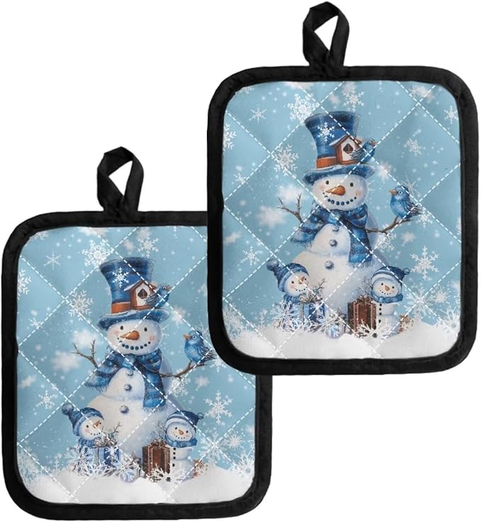Christmas Blue Snowman Snowflakes Print Heat Resistant Kitchen Pot Holders Set by Jndtueit