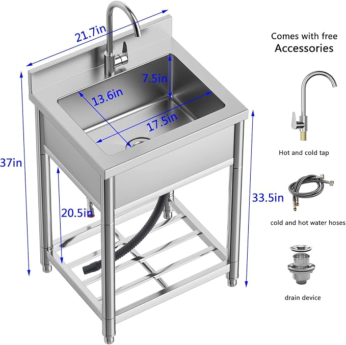 Stainless Steel Commercial Kitchen Sink, Free Standing, Single Bowl Sink Basin - Image 2