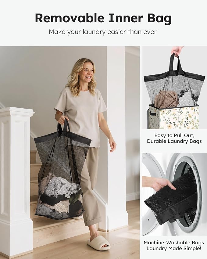 SOLEDI Laundry Hamper with Lid, 90L Tall & Large Floral Laundry Basket - Image 4