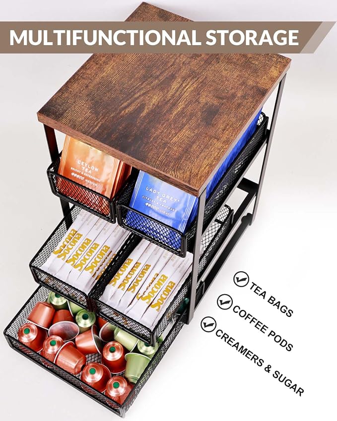 Tea Bag Organizer with 5 Drawers, Wooden & Metal Tea Storage Organizer - Image 3