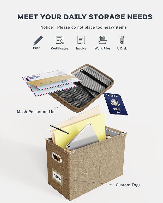 File Organizer Box with Lid, Hanging Filing File Box with Mesh Pocket, Document - Image 4