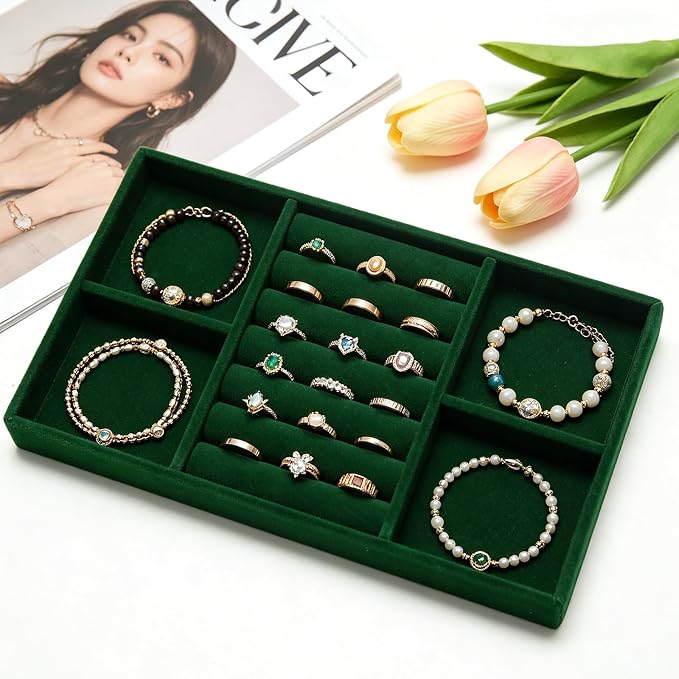 Velvet Jewelry Trays for Drawers, Dark Green 2-in-1 | Stackable Jewelry Drawer - Image 5