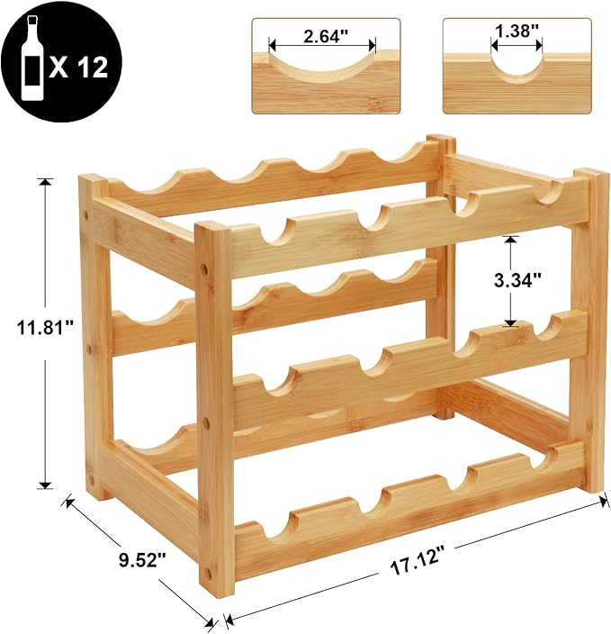 Bamboo Wine Rack, 3-Tier 12 Bottles Wine Storage Cabinet Shelf, Easy-Assembly - Image 3