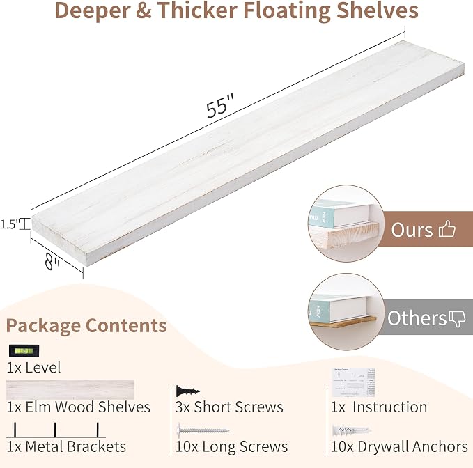Floating Shelves for Wall, Rustic Elm Wood 56'' W x 8" D Wall Shelf - Image 3