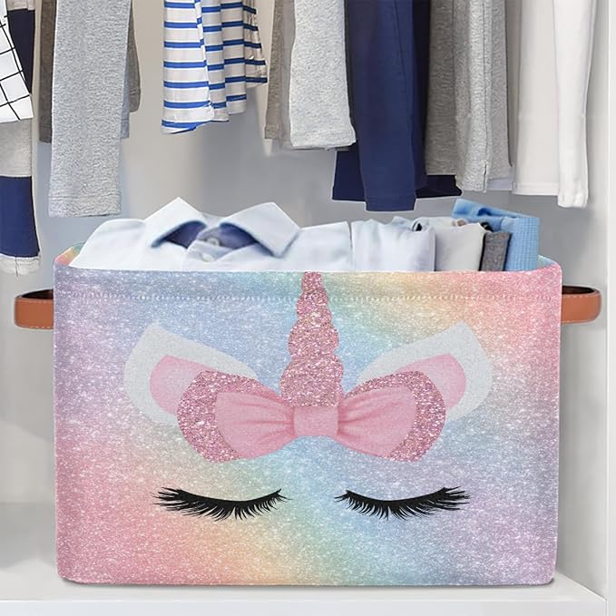 Pardick Unicorn Face Pink Basket Storage Bins Large Fabric Toys Storage Cube Box - Image 5