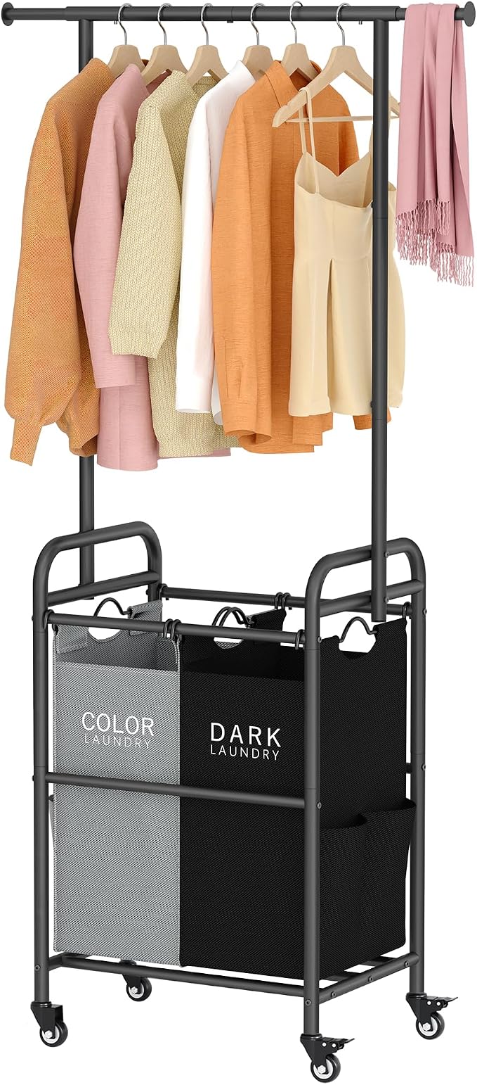 Tajsoon Laundry Sorter with Hanging Bar, 2 Bag laundry cart, Laundry Cart with by Tajsoon