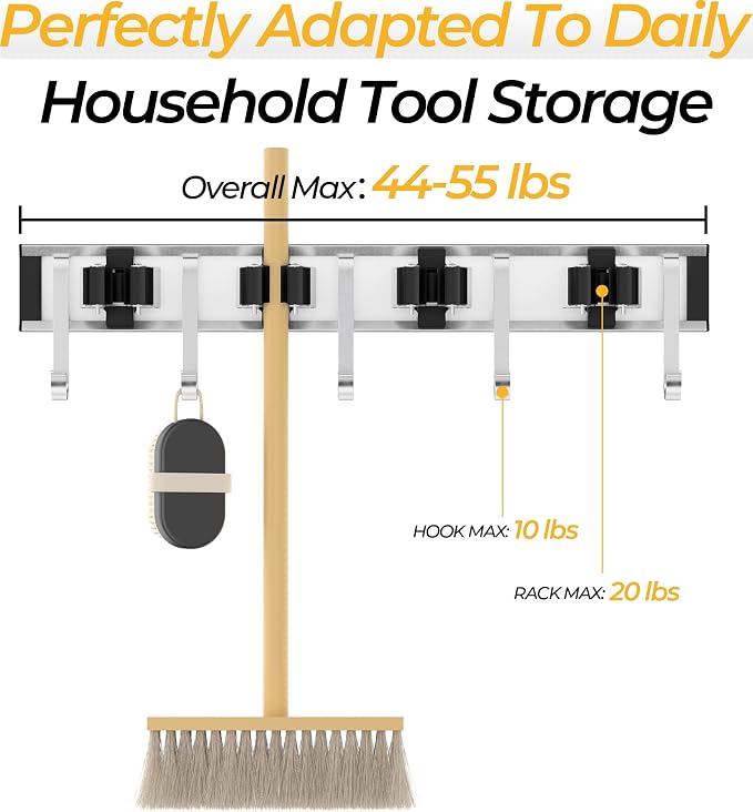 Broom Holder Wall Mount, 4 Star Roller Clips & 5 Extra Long Hooks, Thickened - Image 3