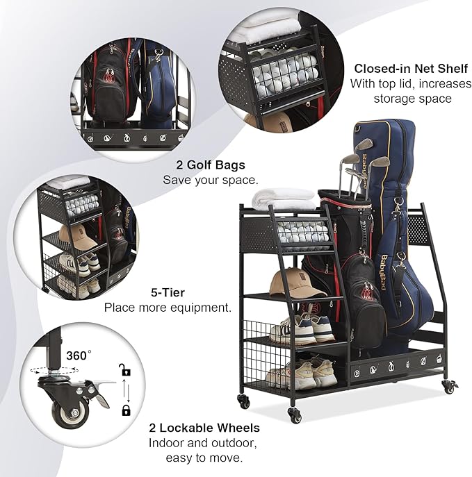 Lauren&Harold Golf Bag Organizer Garage Storage, Golf Storage Rack Stand Fits 2 - Image 4