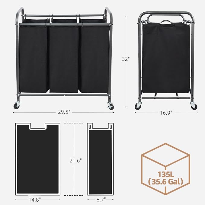 STORAGE MANIAC 3 Section Laundry Sorter, 35.9 Gal Laundry Hamper Cart - Image 3