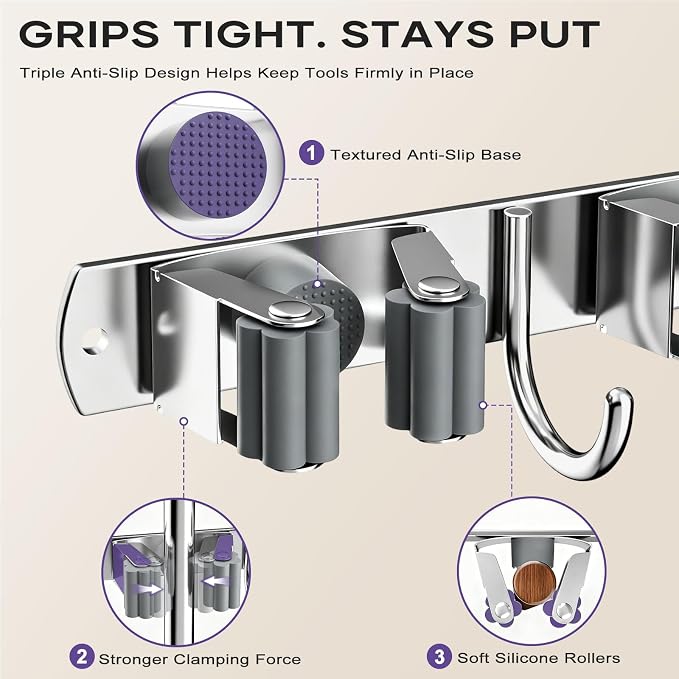 Broom Mop Holder Wall Mount, Heavy Duty Stainless Steel Mop Organizer - Image 3