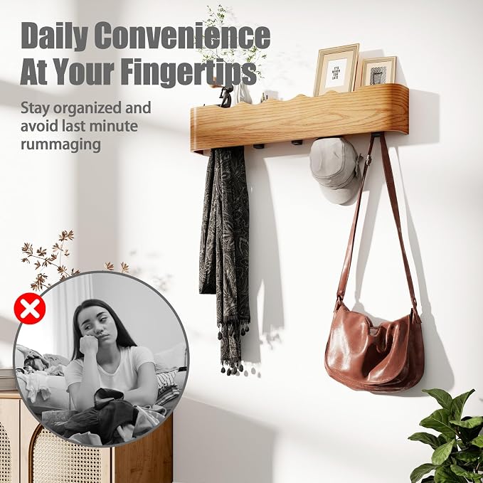 Coat Rack Wall Mount with Shelf 4 Hidden Hooks Modern Wooden Key Holder - Image 5