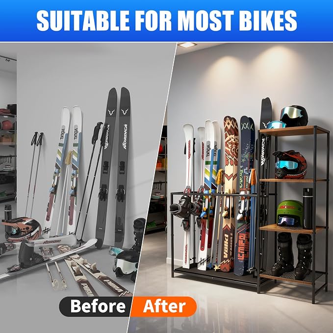 Freestanding Ski Rack, Ski Storage Rack w/Width-Adjustable Bars, Ski & - Image 4