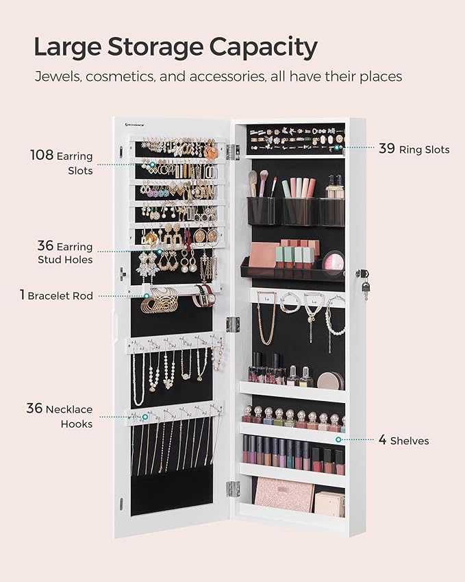 SONGMICS Jewelry Cabinet Armoire, Lockable Wall-Mounted Organizer Unit - Image 3