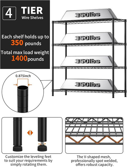 4 Tier Adjustable Storage Shelves, Heavy Duty Metal Utility Shelf 1400LBS - Image 5