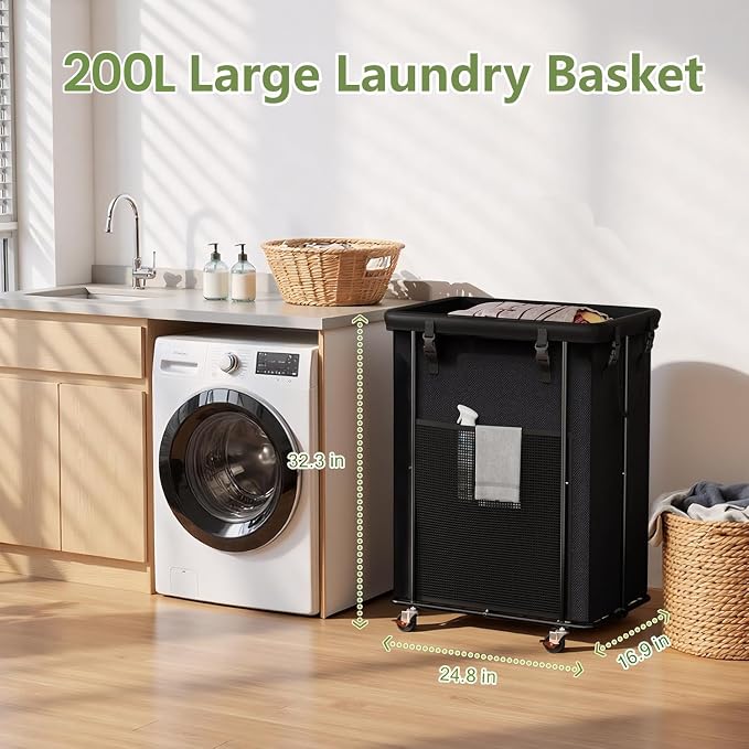 200L Laundry Hamper with Wheels, Rolling Laundry Basket with Metal Frame and - Image 2
