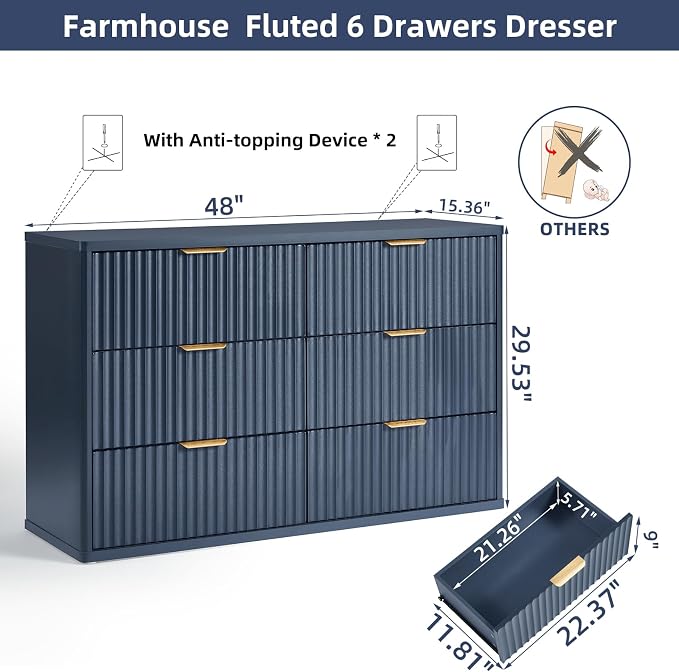 LEYAOYAO Fluted 6 Drawers Dresser Set of 2, Curved Profile Design, Dresser TV - Image 3