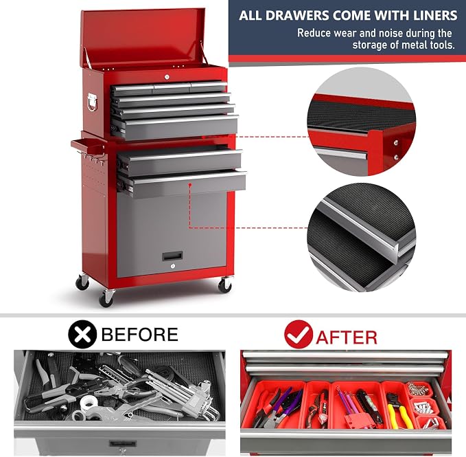 8-Drawer Tool Chest with Wheels, Detachable Top Tool Box, Tool Cabinet with - Image 4