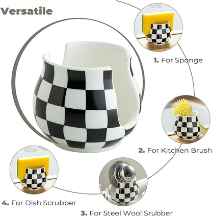 Checkered Sponge Holder for Kitchen Sink, Ceramic Dish Sponge Dish Rack Scrubby - Image 4