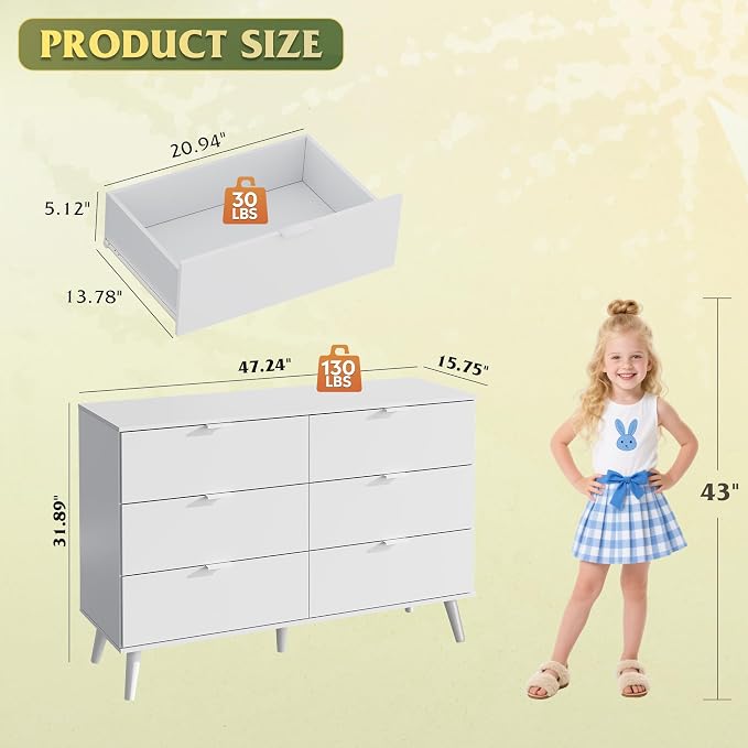 WLIVE 6 Drawer Dresser for Bedroom, 47.24'' Wide Wooden White Dresser, Storage - Image 8